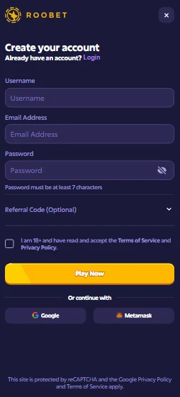 Roobet Registration Step 2 - Fill Sign Up Form